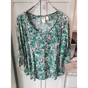 C&C California Womens Top XL 3/4 Sleeve Green Floral Linen Lightweight‎ Casual